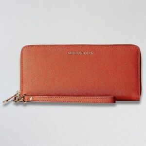 Michael Kors Jet Set Travel Leather Continental Wristlet Burnt Orange Women’s OS